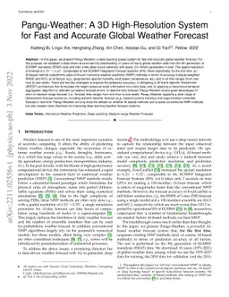 Pangu-Weather: A 3D High-Resolution Model for Fast and Accurate Global
  Weather Forecast
