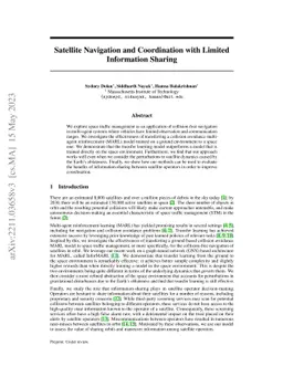 Satellite Navigation and Coordination with Limited Information Sharing