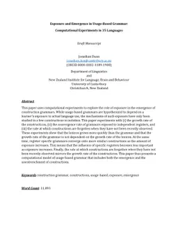 Exposure and Emergence in Usage-Based Grammar: Computational Experiments
  in 35 Languages
