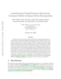 Learning Large Causal Structures from Inverse Covariance Matrix via
  Sparse Matrix Decomposition