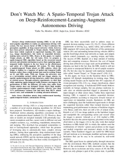 Don't Watch Me: A Spatio-Temporal Trojan Attack on
  Deep-Reinforcement-Learning-Augment Autonomous Driving