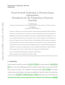 Neural Network Verification as Piecewise Linear Optimization:
  Formulations for the Composition of Staircase Functions