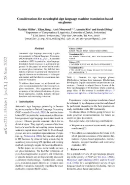 Considerations for meaningful sign language machine translation based on
  glosses