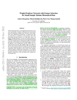 Weight Predictor Network with Feature Selection for Small Sample Tabular
  Biomedical Data