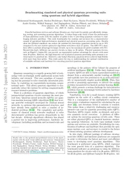 Benchmarking simulated and physical quantum processing units using
  quantum and hybrid algorithms