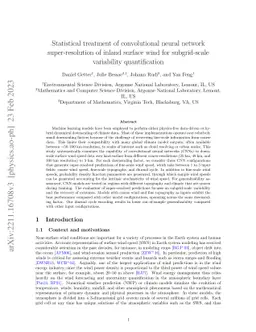 Statistical treatment of convolutional neural network super-resolution
  of inland surface wind for subgrid-scale variability quantification