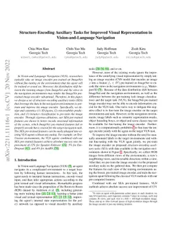 Structure-Encoding Auxiliary Tasks for Improved Visual Representation in
  Vision-and-Language Navigation