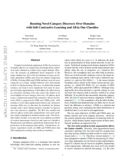 Boosting Novel Category Discovery Over Domains with Soft Contrastive
  Learning and All-in-One Classifier