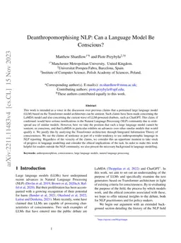 Deanthropomorphising NLP: Can a Language Model Be Conscious?