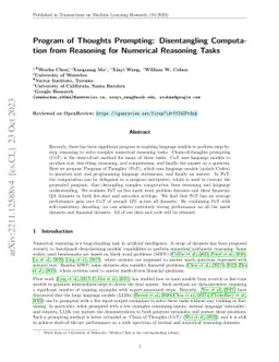 Program of Thoughts Prompting: Disentangling Computation from Reasoning
  for Numerical Reasoning Tasks