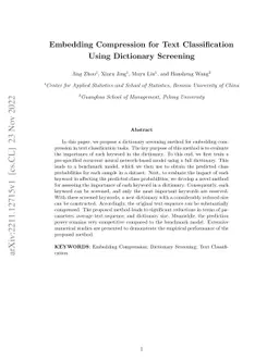 Embedding Compression for Text Classification Using Dictionary Screening