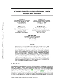 Certified data-driven physics-informed greedy auto-encoder simulator