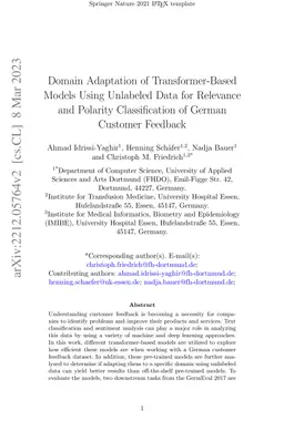 Domain Adaptation of Transformer-Based Models using Unlabeled Data for
  Relevance and Polarity Classification of German Customer Feedback