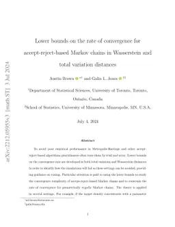 Lower bounds on the rate of convergence for accept-reject-based Markov
  chains in Wasserstein and total variation distances