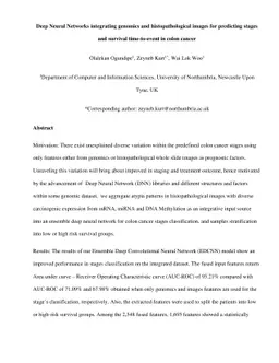 Deep Neural Networks integrating genomics and histopathological images
  for predicting stages and survival time-to-event in colon cancer