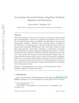 Low-Variance Forward Gradients using Direct Feedback Alignment and
  Momentum