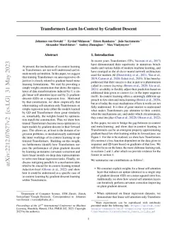 Transformers learn in-context by gradient descent