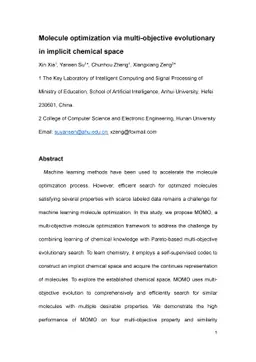 Molecule optimization via multi-objective evolutionary in implicit
  chemical space