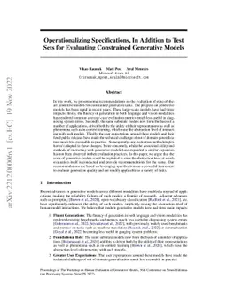 Operationalizing Specifications, In Addition to Test Sets for Evaluating
  Constrained Generative Models