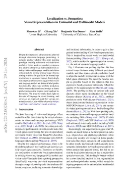 Localization vs. Semantics: Visual Representations in Unimodal and
  Multimodal Models