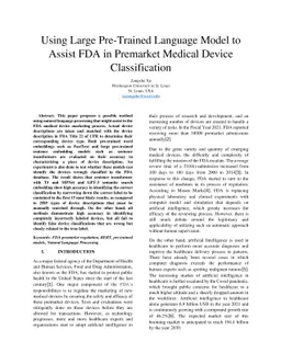 Using Large Pre-Trained Language Model to Assist FDA in Premarket
  Medical Device