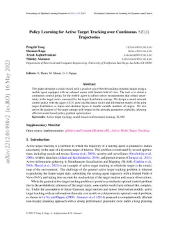 Policy Learning for Active Target Tracking over Continuous SE(3)
  Trajectories