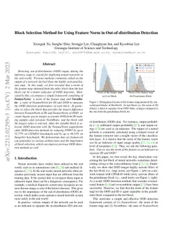 Block Selection Method for Using Feature Norm in Out-of-distribution
  Detection