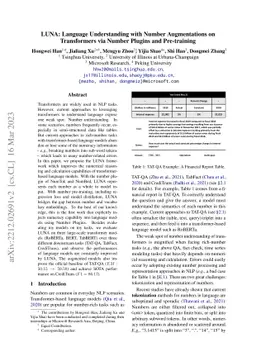 LUNA: Language Understanding with Number Augmentations on Transformers
  via Number Plugins and Pre-training