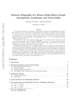 Densest Subgraphs of a Dense Erdös-Rényi Graph. Asymptotics,
  Landscape and Universality