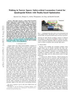 Walking in Narrow Spaces: Safety-critical Locomotion Control for
  Quadrupedal Robots with Duality-based Optimization
