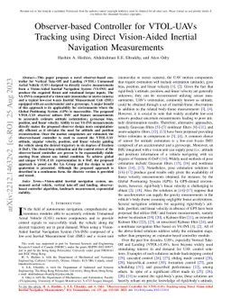 Observer-based Controller for VTOL-UAVs Tracking using Direct
  Vision-Aided Inertial Navigation Measurements
