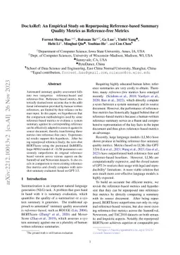 DocAsRef: An Empirical Study on Repurposing Reference-Based Summary
  Quality Metrics Reference-Freely
