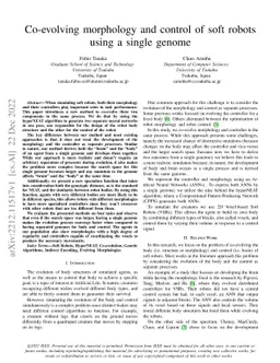 Co-evolving morphology and control of soft robots using a single genome
