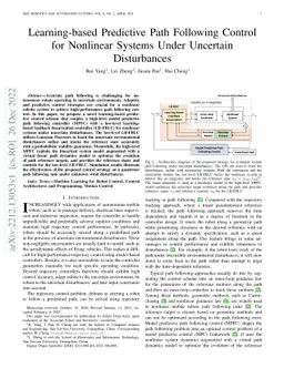 Learning-based Predictive Path Following Control for Nonlinear Systems
  Under Uncertain Disturbances