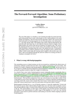 The Forward-Forward Algorithm: Some Preliminary Investigations