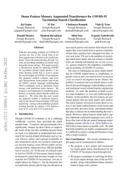 Dense Feature Memory Augmented Transformers for COVID-19 Vaccination
  Search Classification