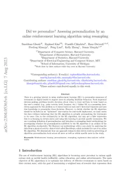 Did we personalize? Assessing personalization by an online reinforcement
  learning algorithm using resampling