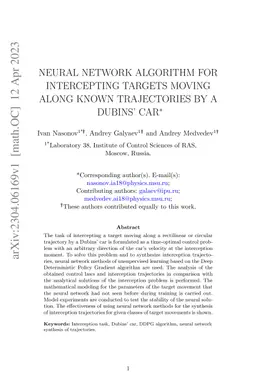 Neural Network Algorithm for Intercepting Targets Moving Along Known
  Trajectories by a Dubins' Car