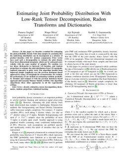 Estimating Joint Probability Distribution With Low-Rank Tensor
  Decomposition, Radon Transforms and Dictionaries