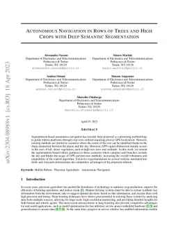 Autonomous Navigation in Rows of Trees and High Crops with Deep Semantic
  Segmentation