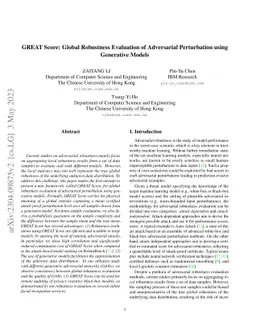 GREAT Score: Global Robustness Evaluation of Adversarial Perturbation
  using Generative Models