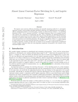 Almost Linear Constant-Factor Sketching for $\ell_1$ and Logistic
  Regression