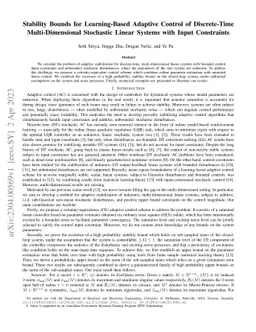Stability Bounds for Learning-Based Adaptive Control of Discrete-Time
  Multi-Dimensional Stochastic Linear Systems with Input Constraints