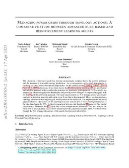 Managing power grids through topology actions: A comparative study
  between advanced rule-based and reinforcement learning agents