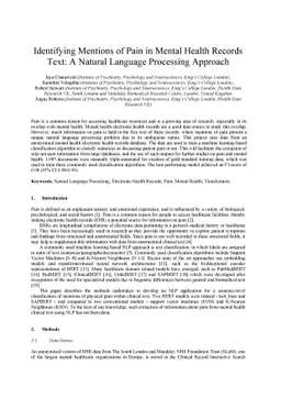 Identifying Mentions of Pain in Mental Health Records Text: A Natural
  Language Processing Approach