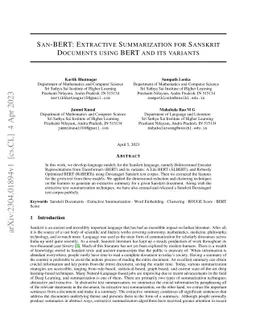 San-BERT: Extractive Summarization for Sanskrit Documents using BERT and
  it's variants