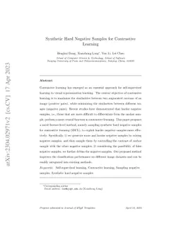 Synthetic Hard Negative Samples for Contrastive Learning