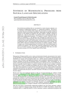 Synthesis of Mathematical programs from Natural Language Specifications