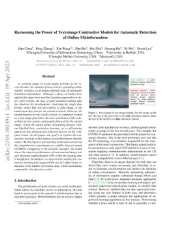 Harnessing the Power of Text-image Contrastive Models for Automatic
  Detection of Online Misinformation