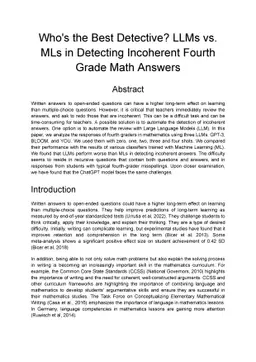 Who's the Best Detective? LLMs vs. MLs in Detecting Incoherent Fourth
  Grade Math Answers